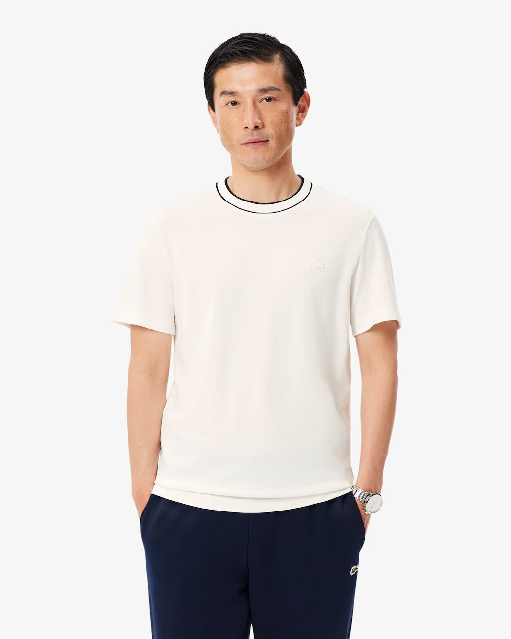 Camiseta de Piqué com Gola Listrada em Stretch TH817423