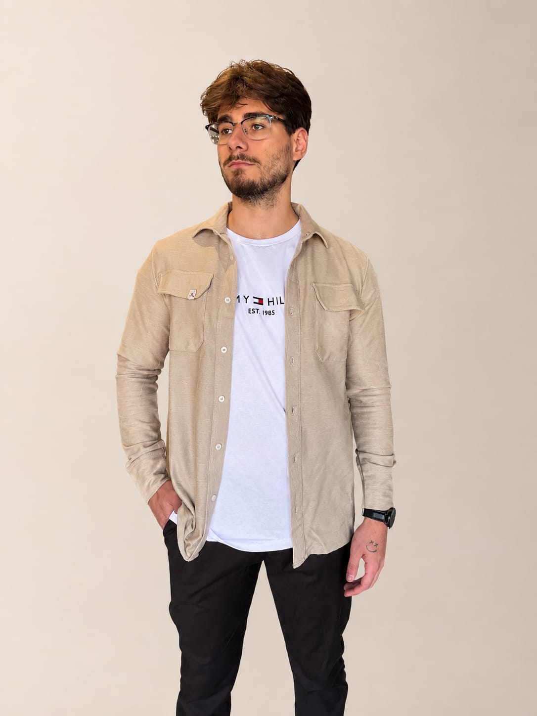 Camisa com Bolsos Frontais Calvin Klein Areia